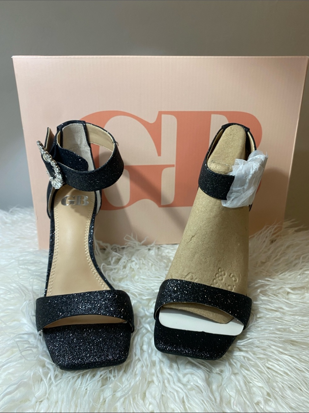 GB girls Black Glitter Ankle-Strap Heels with Rhinestone Buckle